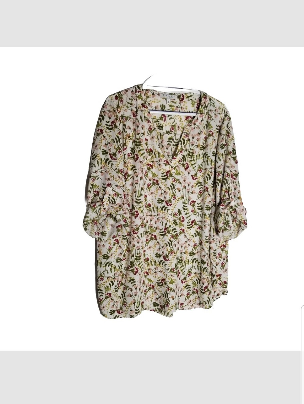 Chaus New York Top Women's 3X Floral V Neck Roll Tab Sleeves Cream Maroon Yellow